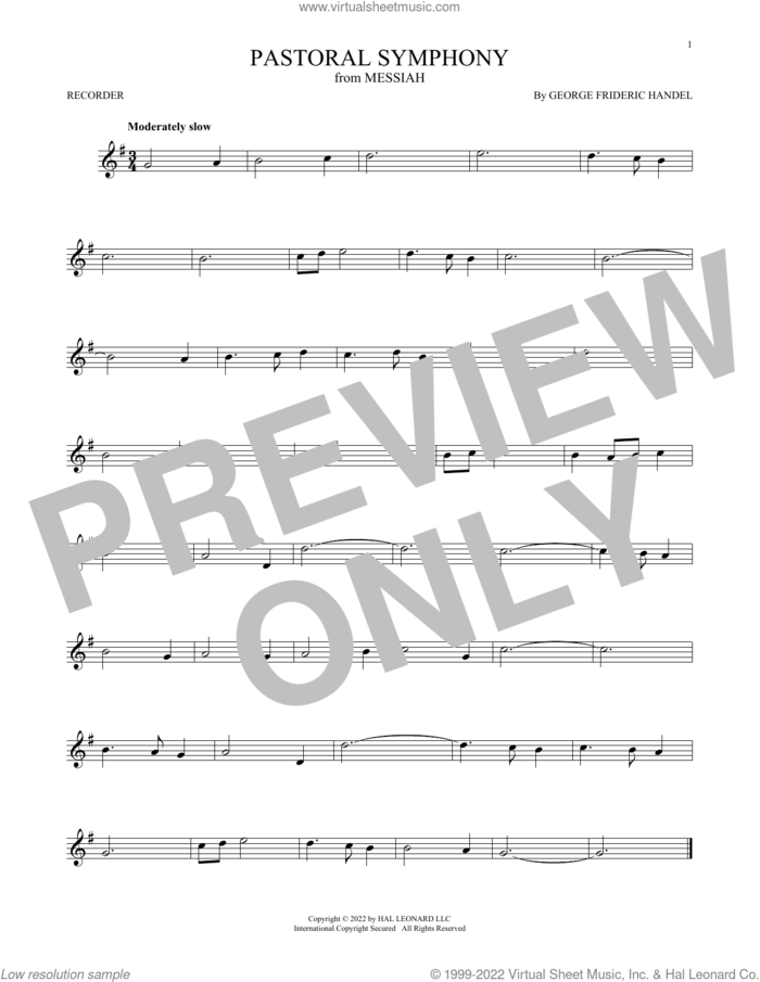 Pastoral Symphony sheet music for recorder solo by George Frideric Handel, classical score, intermediate skill level