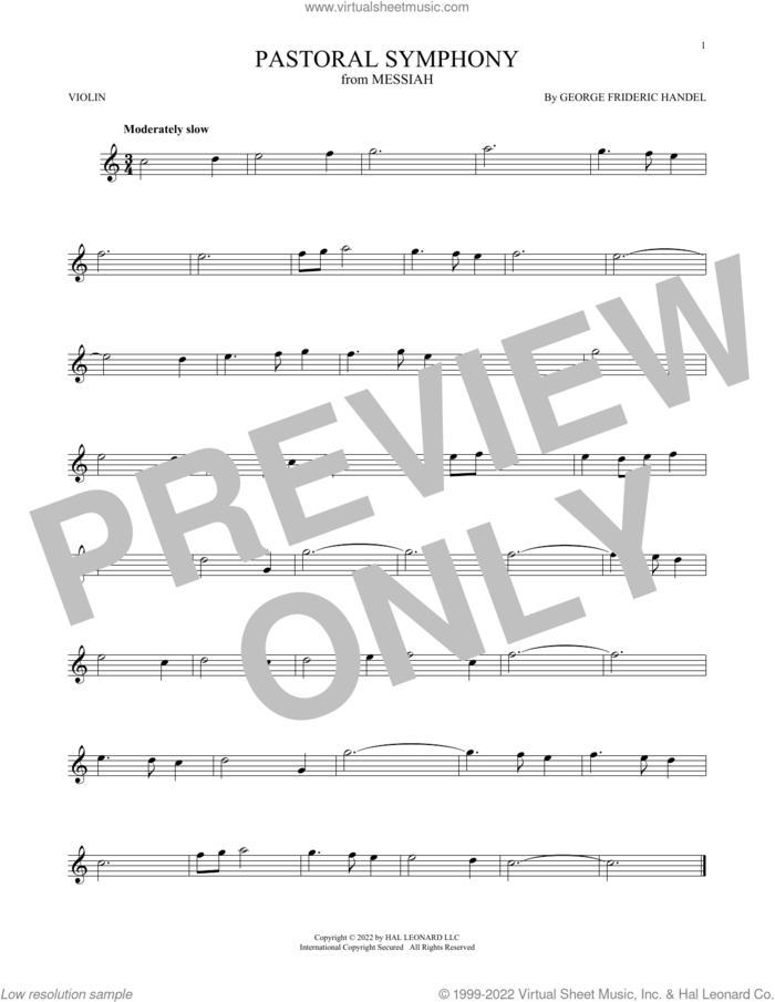 Pastoral Symphony sheet music for violin solo by George Frideric Handel, classical score, intermediate skill level