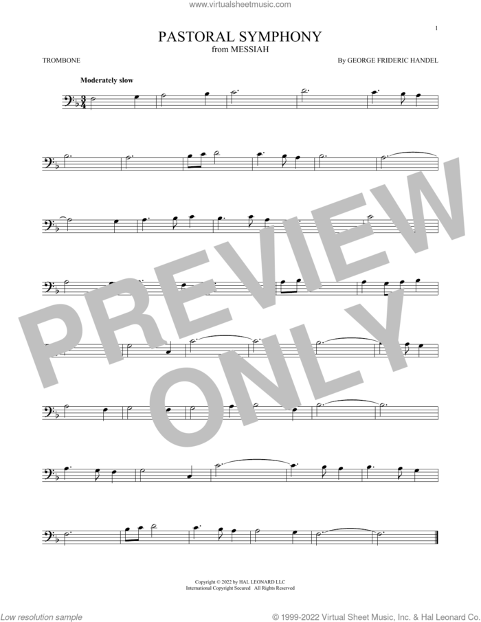 Pastoral Symphony sheet music for trombone solo by George Frideric Handel, classical score, intermediate skill level