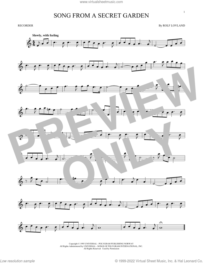 Song From A Secret Garden sheet music for recorder solo by Secret Garden and Rolf Lovland, intermediate skill level