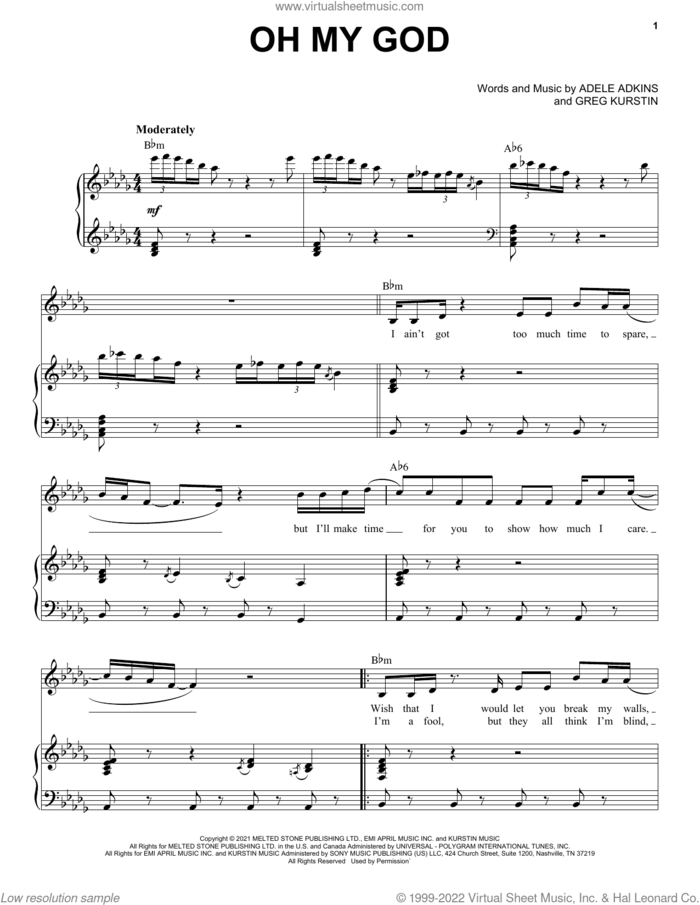 Oh My God sheet music for voice and piano by Adele, Adele Adkins and Greg Kurstin, intermediate skill level