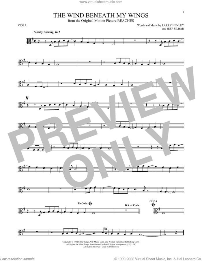 The Wind Beneath My Wings sheet music for viola solo by Bette Midler, Jeff Silbar and Larry Henley, intermediate skill level