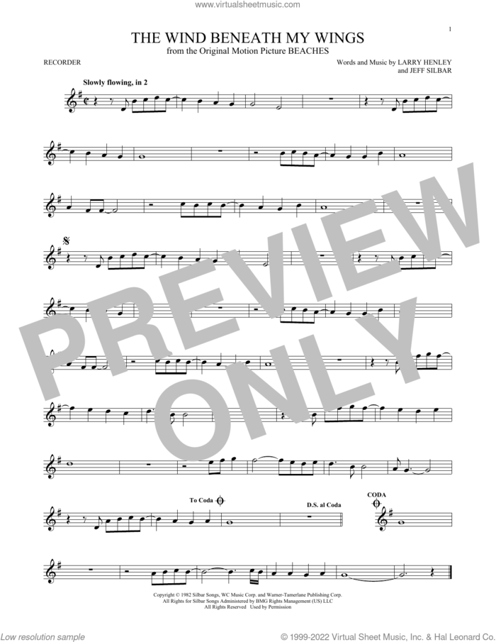 The Wind Beneath My Wings sheet music for recorder solo by Bette Midler, Jeff Silbar and Larry Henley, intermediate skill level