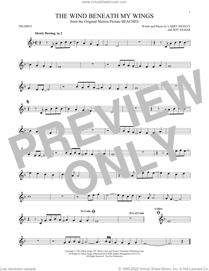 The Wind Beneath My Wings sheet music for trumpet solo by Bette Midler, Jeff Silbar and Larry Henley, intermediate skill level