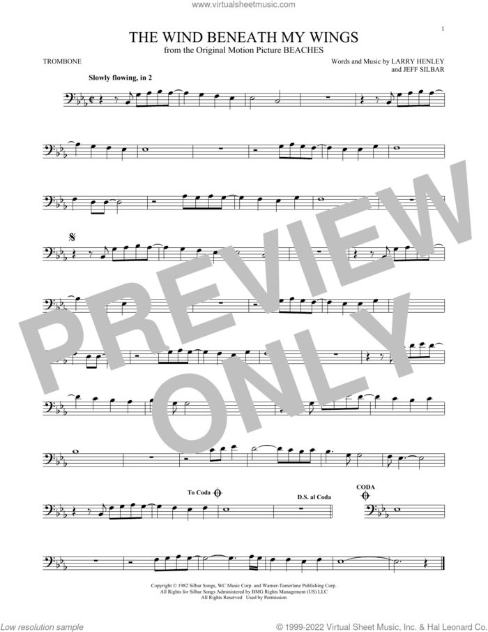 The Wind Beneath My Wings sheet music for trombone solo by Bette Midler, Jeff Silbar and Larry Henley, intermediate skill level