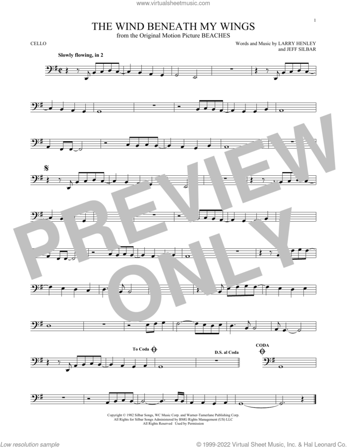 The Wind Beneath My Wings sheet music for cello solo by Bette Midler, Jeff Silbar and Larry Henley, intermediate skill level