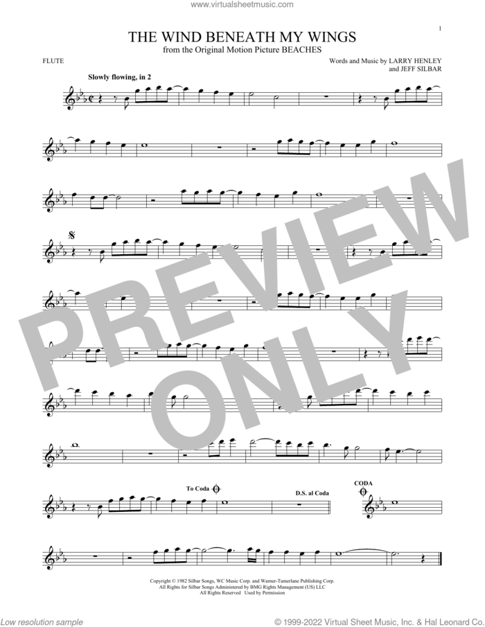 The Wind Beneath My Wings sheet music for flute solo by Bette Midler, Jeff Silbar and Larry Henley, intermediate skill level