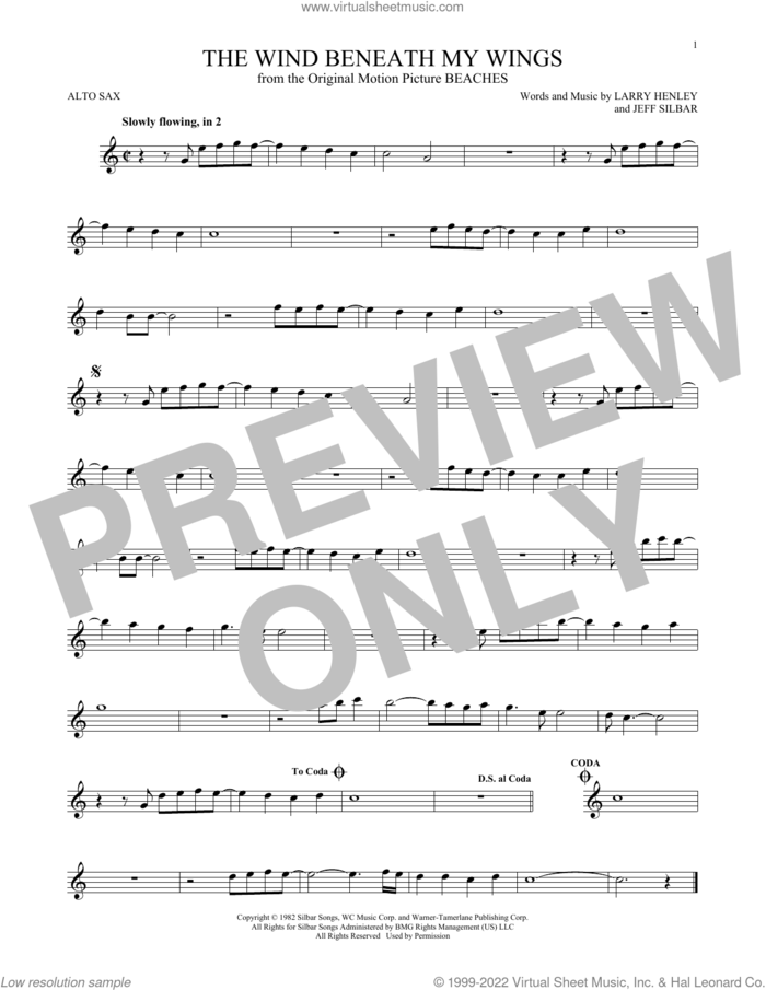 The Wind Beneath My Wings sheet music for alto saxophone solo by Bette Midler, Jeff Silbar and Larry Henley, intermediate skill level