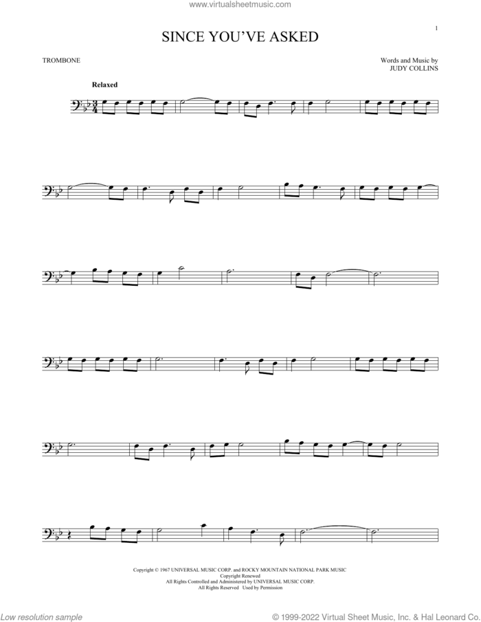 Since You've Asked sheet music for trombone solo by Judy Collins, intermediate skill level