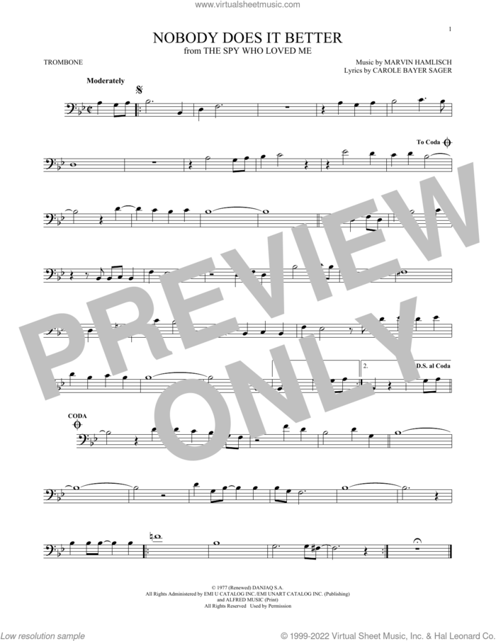 Nobody Does It Better sheet music for trombone solo by Carly Simon, Carole Bayer Sager and Marvin Hamlisch, intermediate skill level