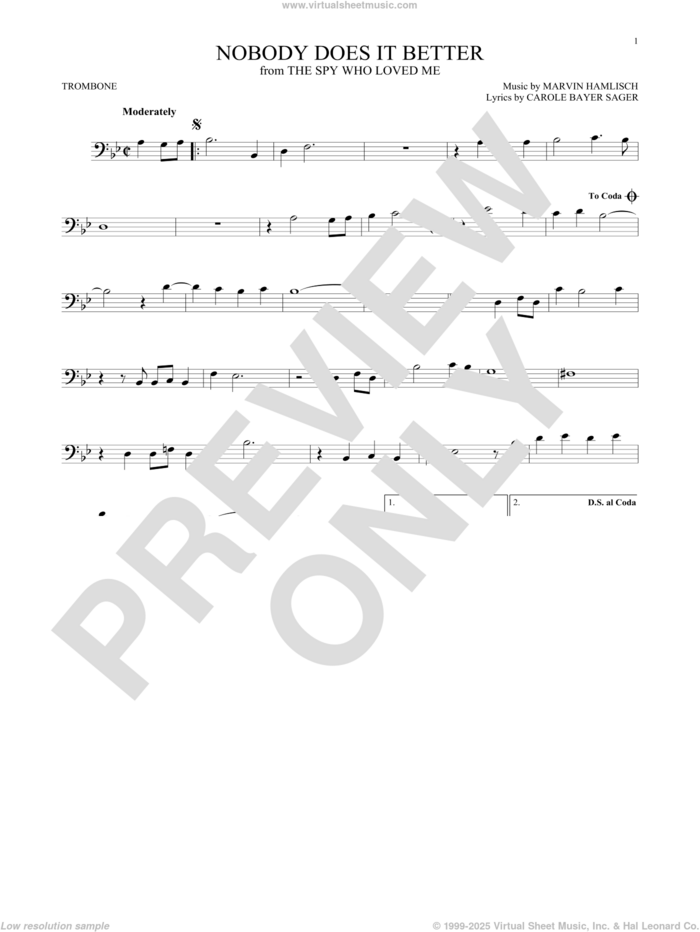 Nobody Does It Better sheet music for trombone solo by Carly Simon, Carole Bayer Sager and Marvin Hamlisch, intermediate skill level