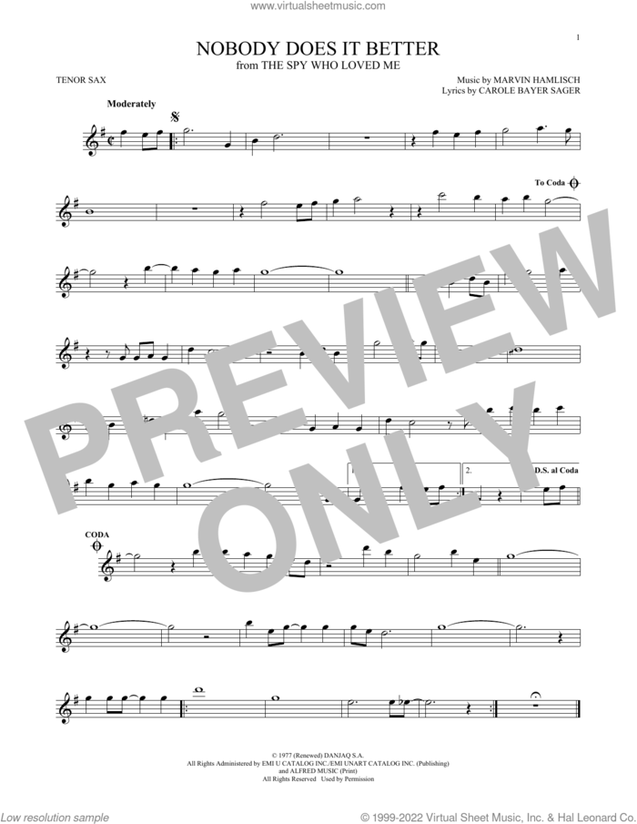 Nobody Does It Better sheet music for tenor saxophone solo by Carly Simon, Carole Bayer Sager and Marvin Hamlisch, intermediate skill level
