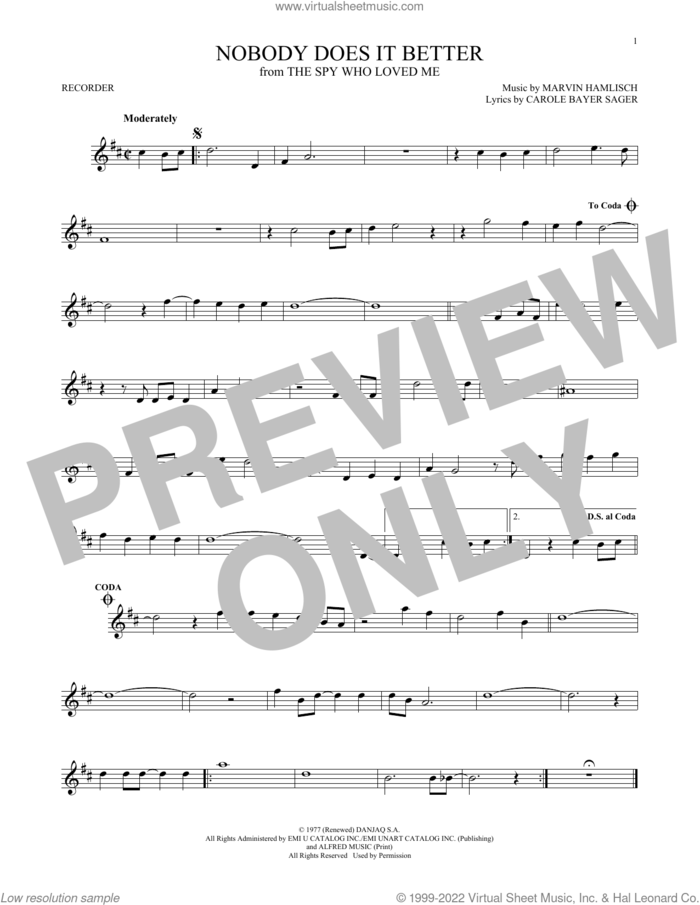 Nobody Does It Better sheet music for recorder solo by Carly Simon, Carole Bayer Sager and Marvin Hamlisch, intermediate skill level