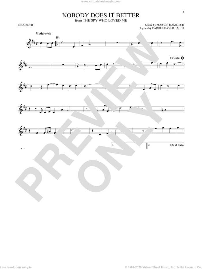 Nobody Does It Better sheet music for recorder solo by Carly Simon, Carole Bayer Sager and Marvin Hamlisch, intermediate skill level