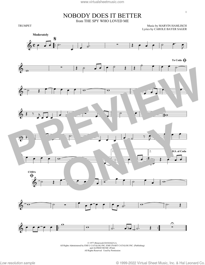 Nobody Does It Better sheet music for trumpet solo by Carly Simon, Carole Bayer Sager and Marvin Hamlisch, intermediate skill level