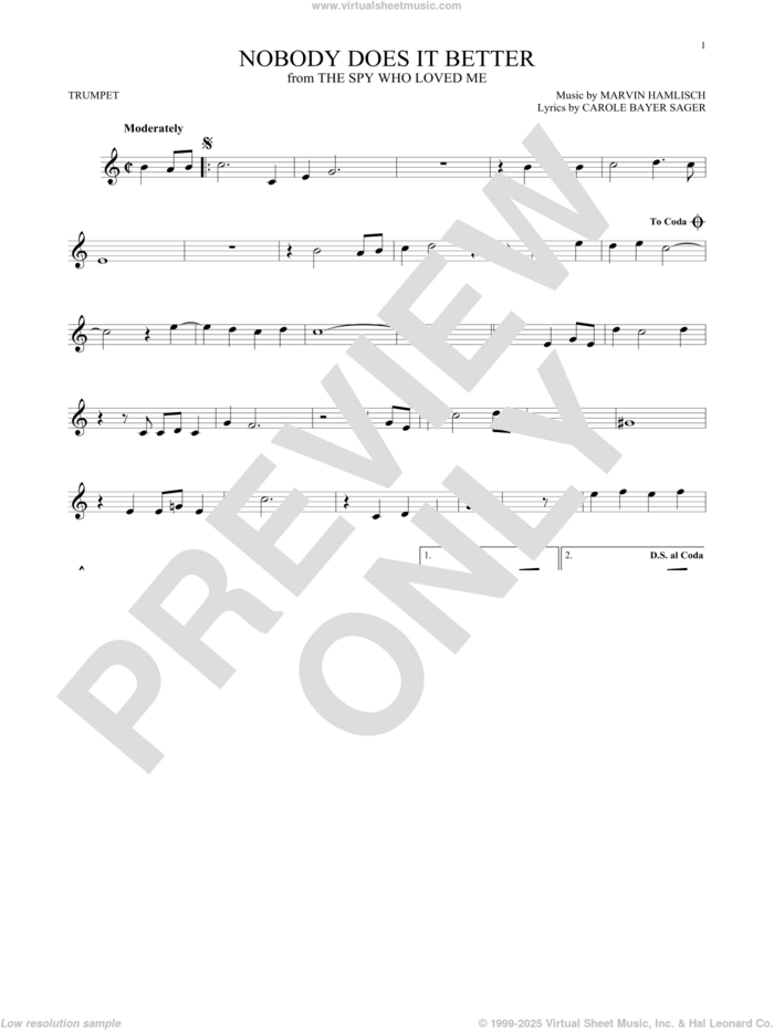 Nobody Does It Better sheet music for trumpet solo by Carly Simon, Carole Bayer Sager and Marvin Hamlisch, intermediate skill level