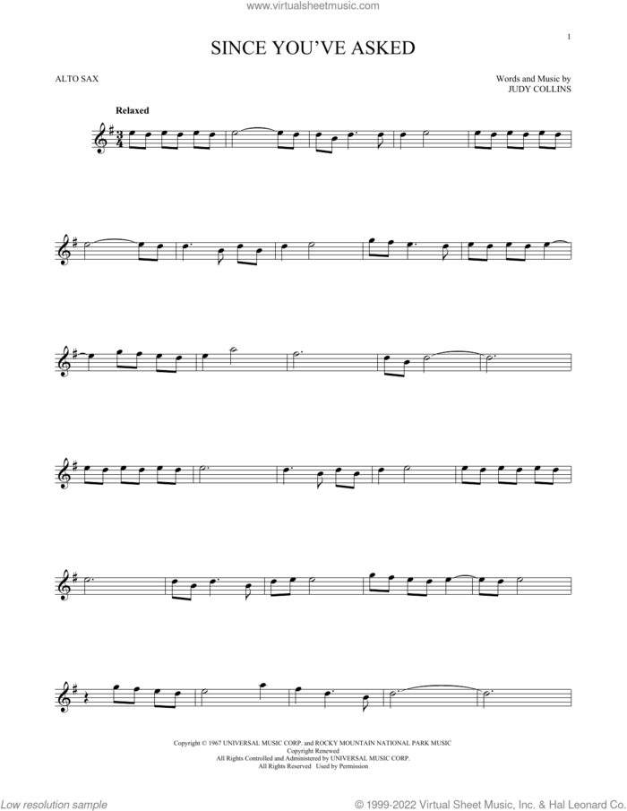 Since You've Asked sheet music for alto saxophone solo by Judy Collins, intermediate skill level