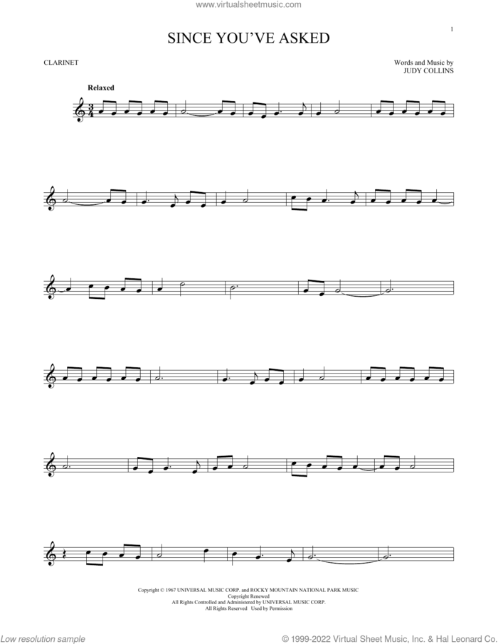 Since You've Asked sheet music for clarinet solo by Judy Collins, intermediate skill level