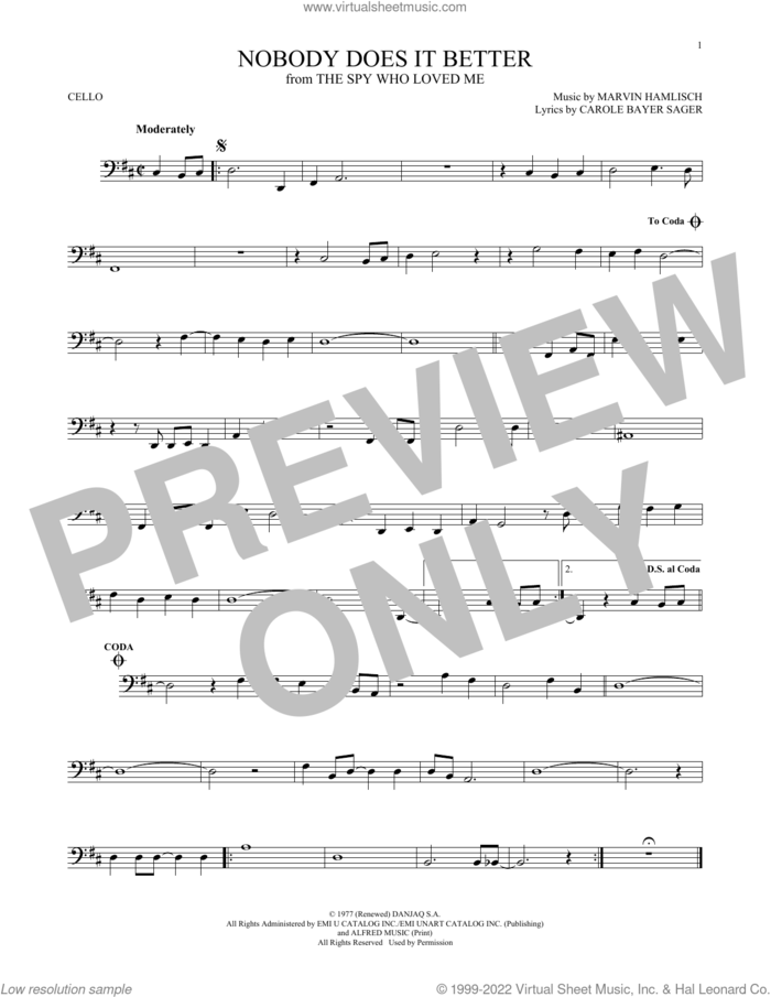 Nobody Does It Better sheet music for cello solo by Carly Simon, Carole Bayer Sager and Marvin Hamlisch, intermediate skill level