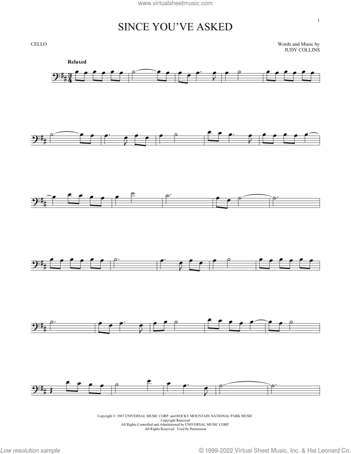 Since You've Asked sheet music for cello solo by Judy Collins, intermediate skill level