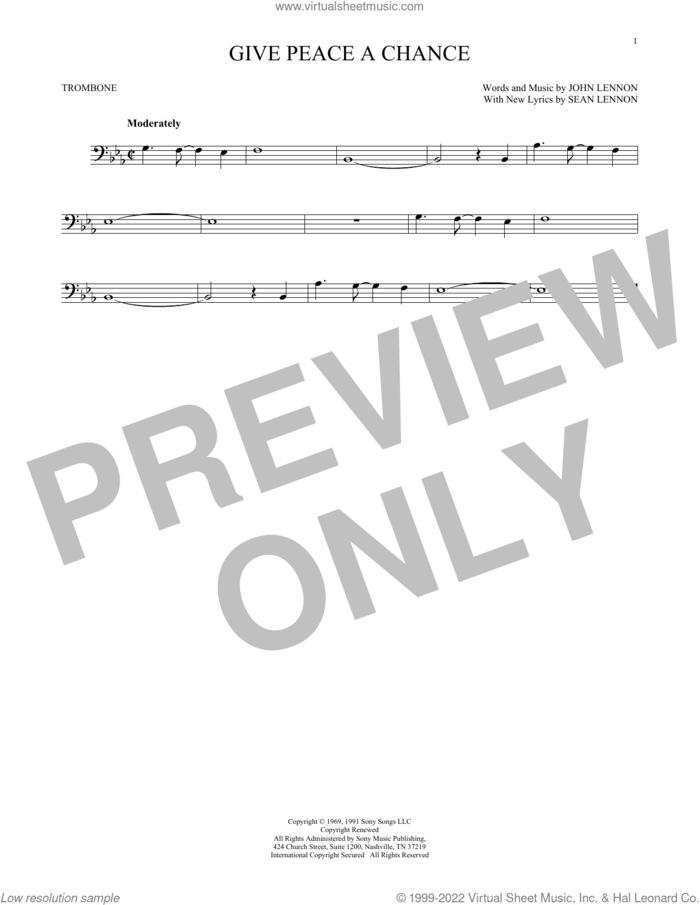 Give Peace A Chance sheet music for trombone solo by John Lennon, Peace Choir, Paul McCartney and Sean Lennon, intermediate skill level