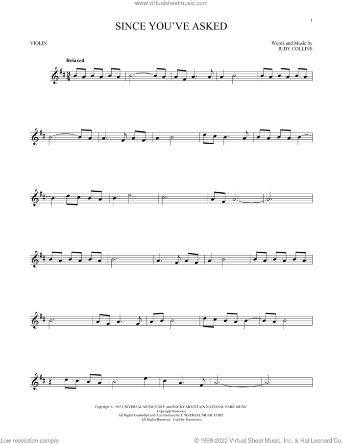 Since You've Asked sheet music for violin solo by Judy Collins, intermediate skill level