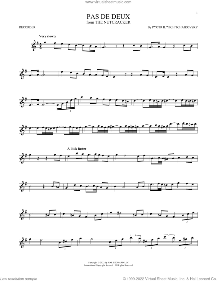 Pas de deux (from The Nutcracker) sheet music for recorder solo by Pyotr Ilyich Tchaikovsky, classical score, intermediate skill level