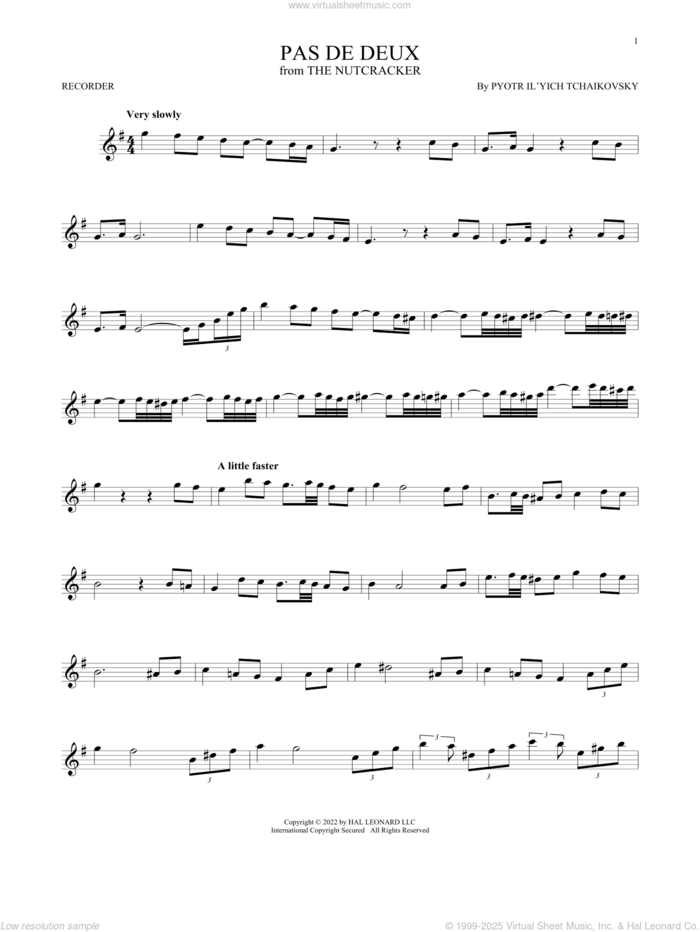 Pas de deux (from The Nutcracker) sheet music for recorder solo by Pyotr Ilyich Tchaikovsky, classical score, intermediate skill level