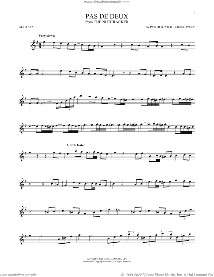 Pas de deux (from The Nutcracker) sheet music for alto saxophone solo by Pyotr Ilyich Tchaikovsky, classical score, intermediate skill level