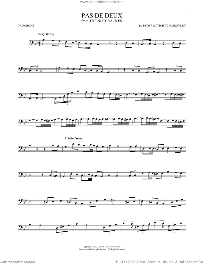 Pas de deux (from The Nutcracker) sheet music for trombone solo by Pyotr Ilyich Tchaikovsky, classical score, intermediate skill level