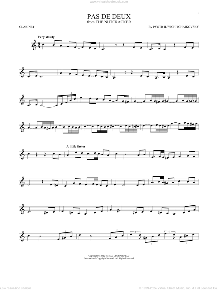 Pas de deux (from The Nutcracker) sheet music for clarinet solo by Pyotr Ilyich Tchaikovsky, classical score, intermediate skill level