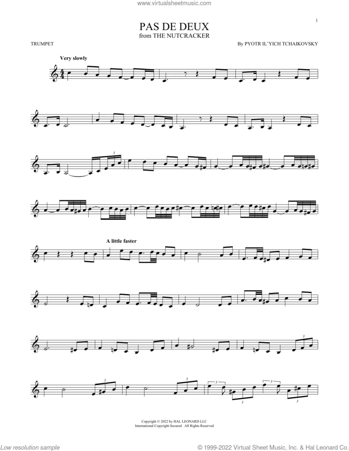 Pas de deux (from The Nutcracker) sheet music for trumpet solo by Pyotr Ilyich Tchaikovsky, classical score, intermediate skill level