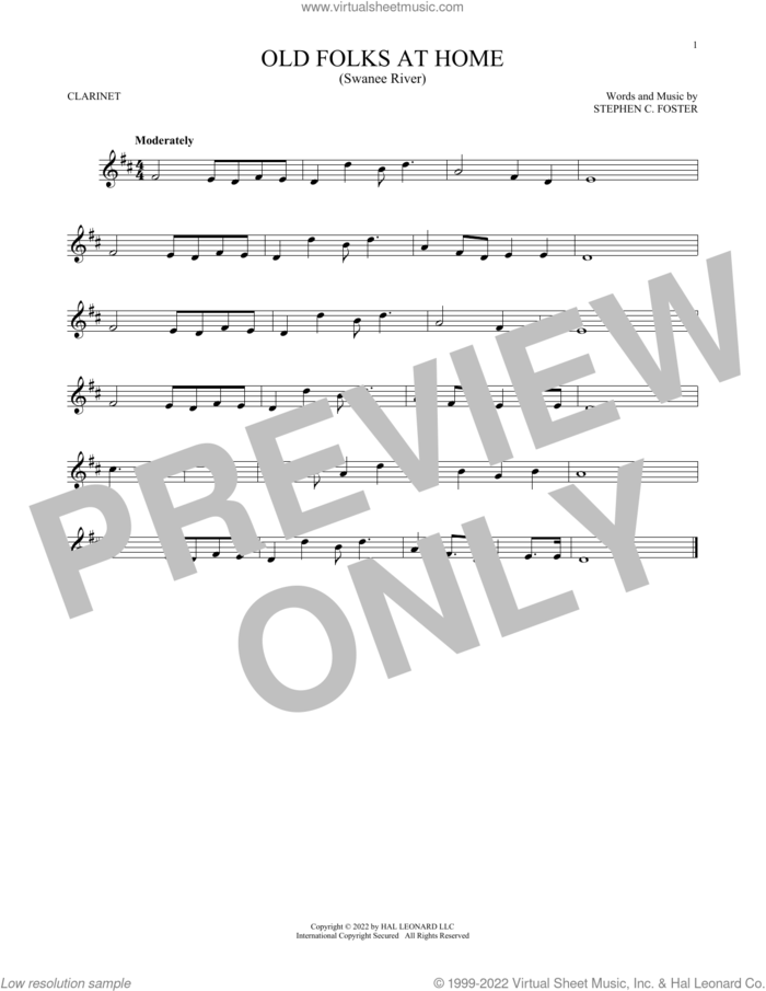 Old Folks At Home (Swanee River) sheet music for clarinet solo by Stephen Foster, intermediate skill level