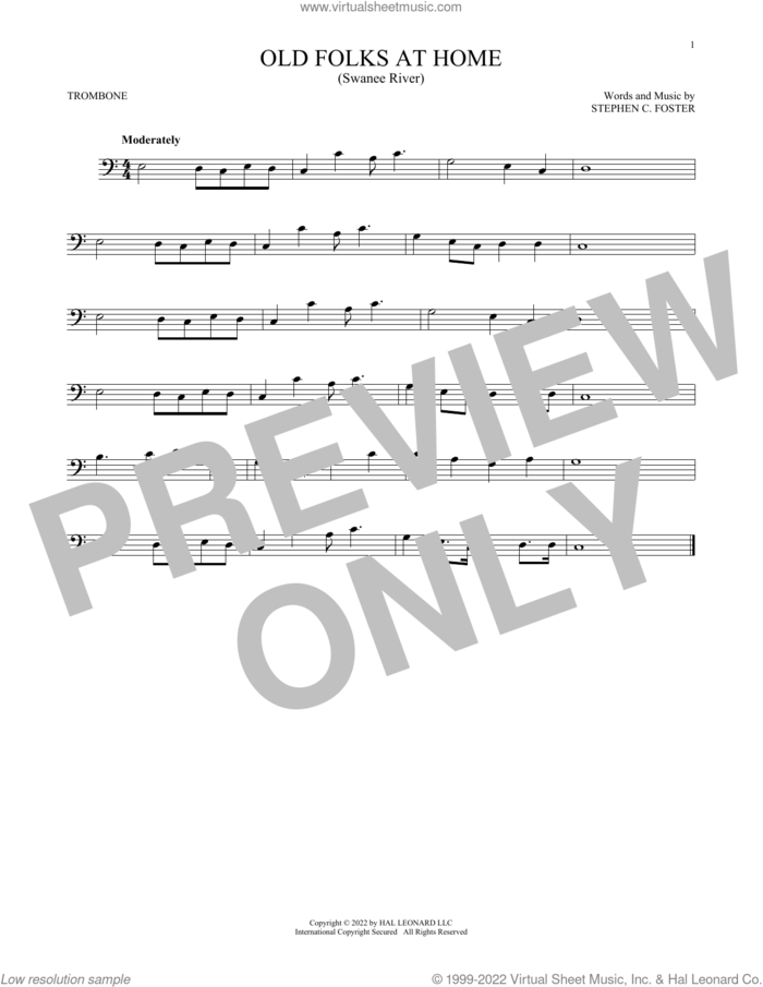 Old Folks At Home (Swanee River) sheet music for trombone solo by Stephen Foster, intermediate skill level
