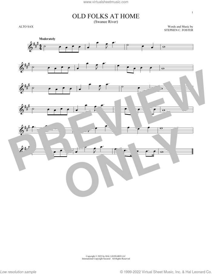 Old Folks At Home (Swanee River) sheet music for alto saxophone solo by Stephen Foster, intermediate skill level