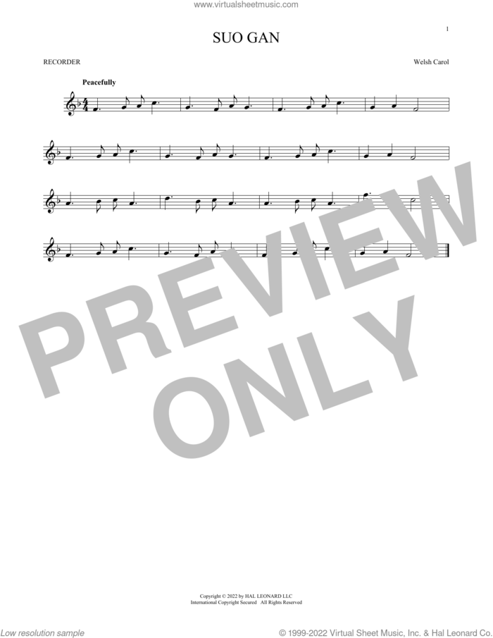 Suo Gan sheet music for recorder solo by Welsh carol, intermediate skill level