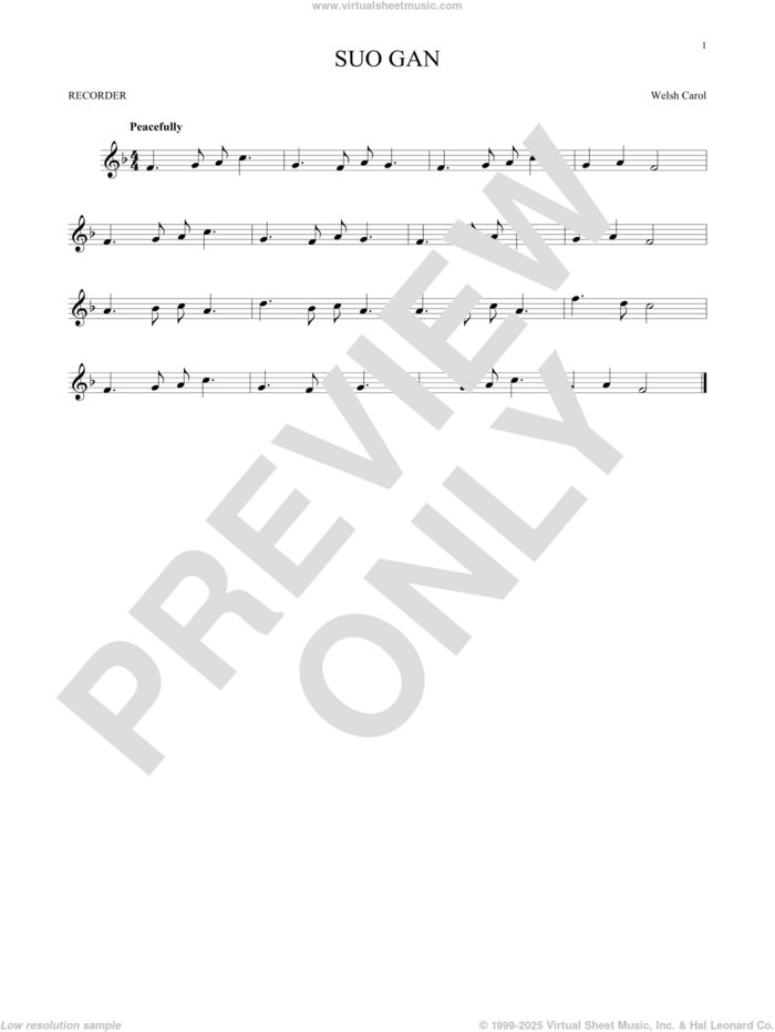 Suo Gan sheet music for recorder solo by Welsh carol, intermediate skill level