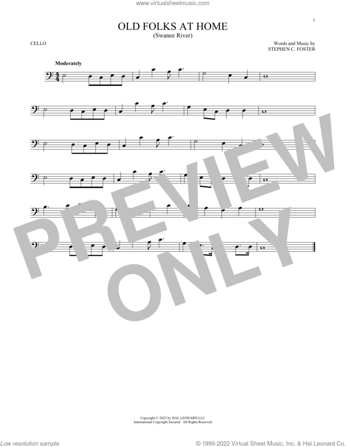 Old Folks At Home (Swanee River) sheet music for cello solo by Stephen Foster, intermediate skill level