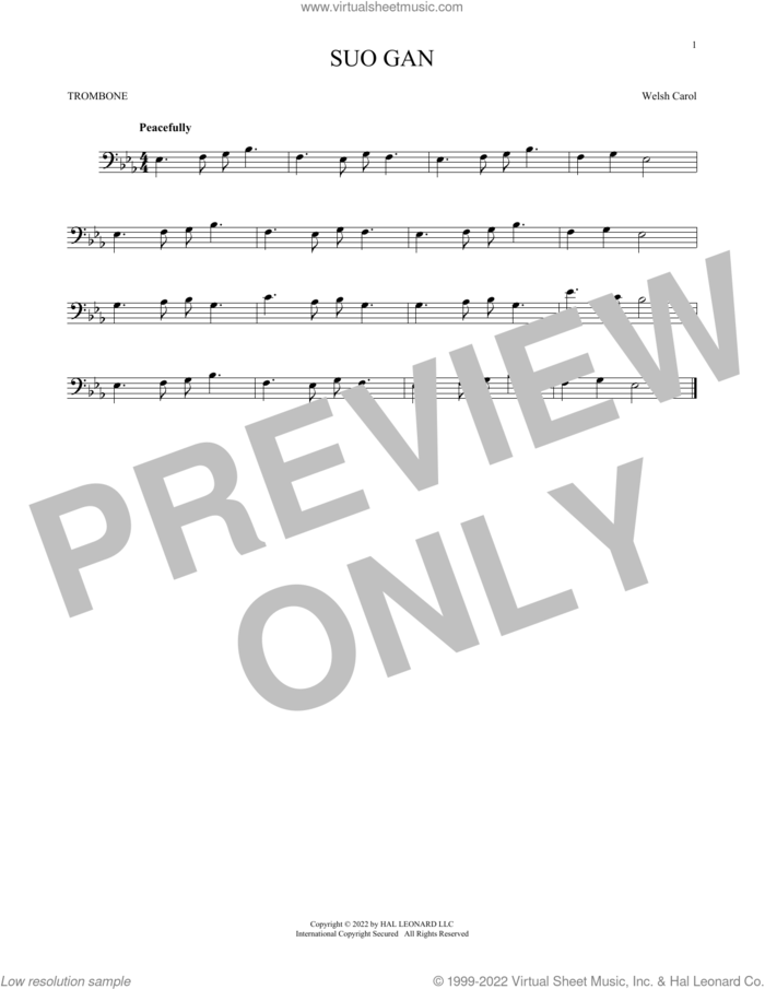 Suo Gan sheet music for trombone solo by Welsh carol, intermediate skill level