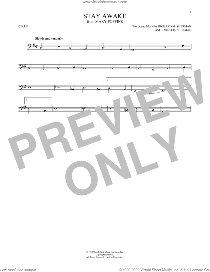Stay Awake (from Mary Poppins) sheet music for cello solo by Richard M. Sherman, Robert B. Sherman and Sherman Brothers, intermediate skill level