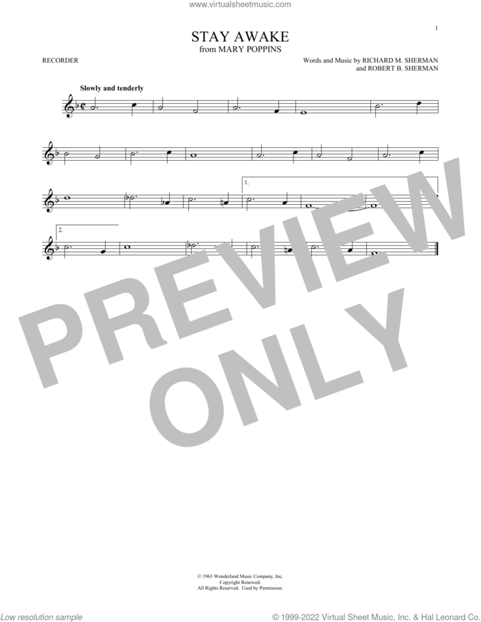 Stay Awake (from Mary Poppins) sheet music for recorder solo by Richard M. Sherman, Robert B. Sherman and Sherman Brothers, intermediate skill level
