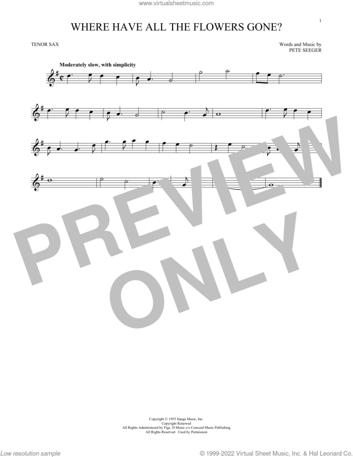 Where Have All The Flowers Gone? sheet music for tenor saxophone solo by Pete Seeger and Peter, Paul & Mary, intermediate skill level