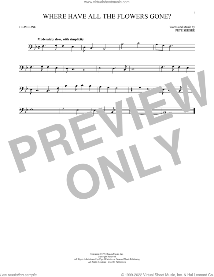 Where Have All The Flowers Gone? sheet music for trombone solo by Pete Seeger and Peter, Paul & Mary, intermediate skill level