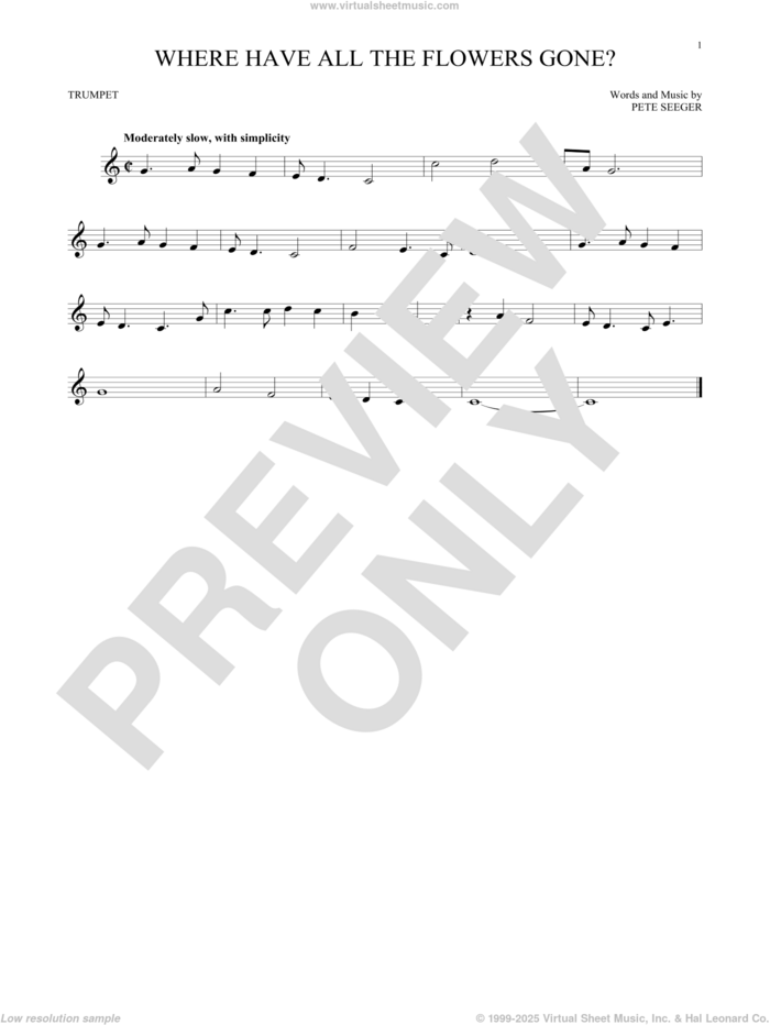 Where Have All The Flowers Gone? sheet music for trumpet solo by Pete Seeger and Peter, Paul & Mary, intermediate skill level