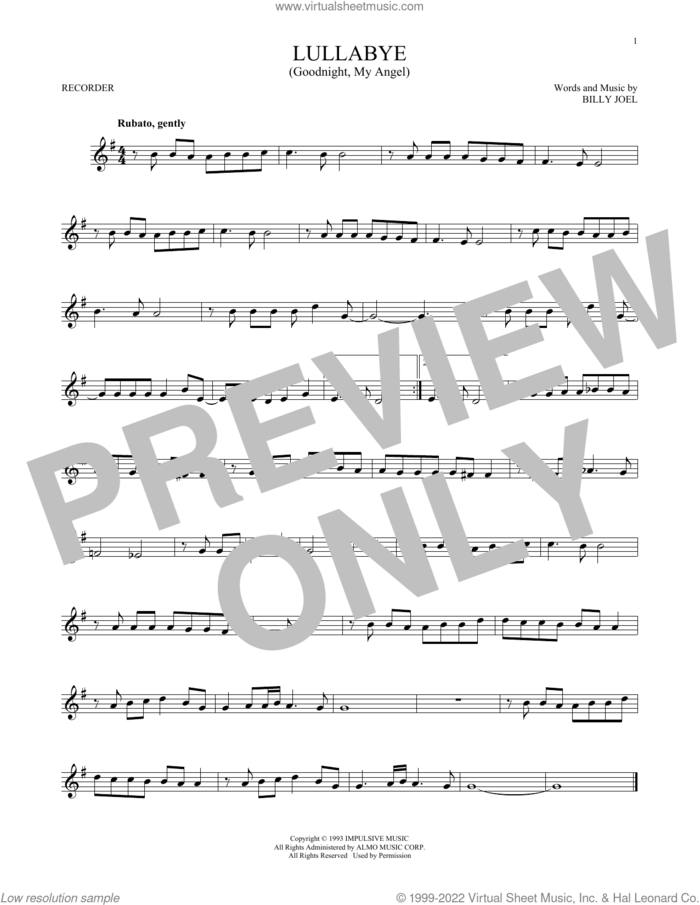 Lullabye (Goodnight, My Angel) sheet music for recorder solo by Billy Joel, intermediate skill level