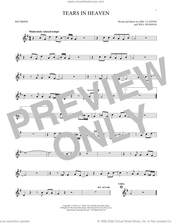 Tears In Heaven sheet music for recorder solo by Eric Clapton and Will Jennings, intermediate skill level