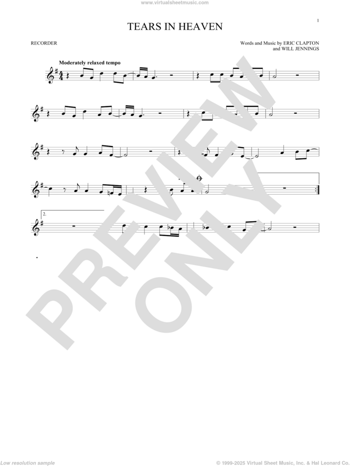 Tears In Heaven sheet music for recorder solo by Eric Clapton and Will Jennings, intermediate skill level