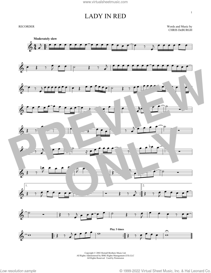 The Lady In Red sheet music for recorder solo by Chris de Burgh, intermediate skill level