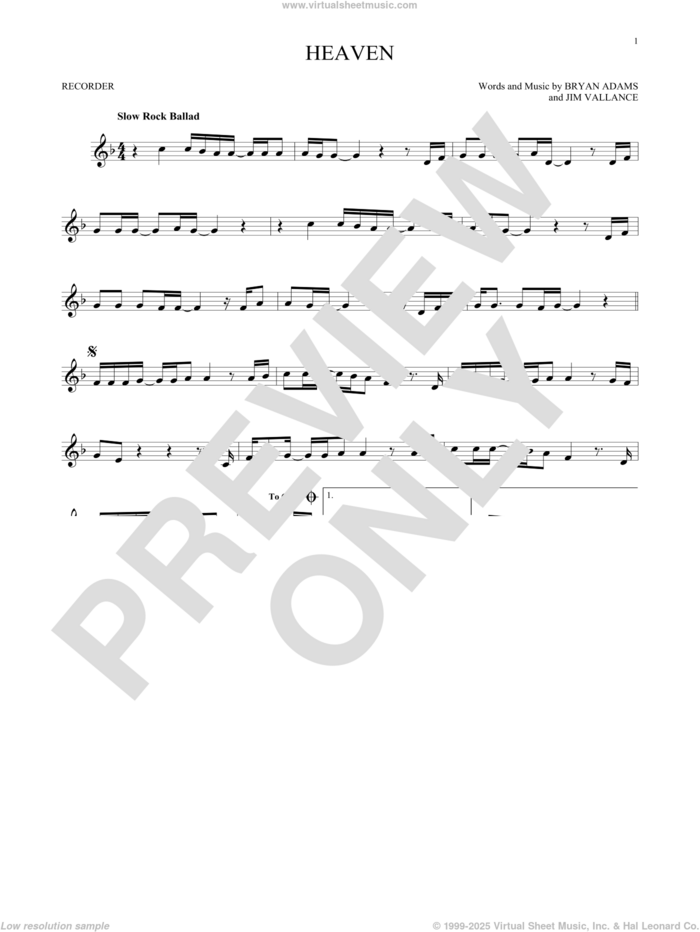 Heaven sheet music for recorder solo by Bryan Adams and Jim Vallance, intermediate skill level