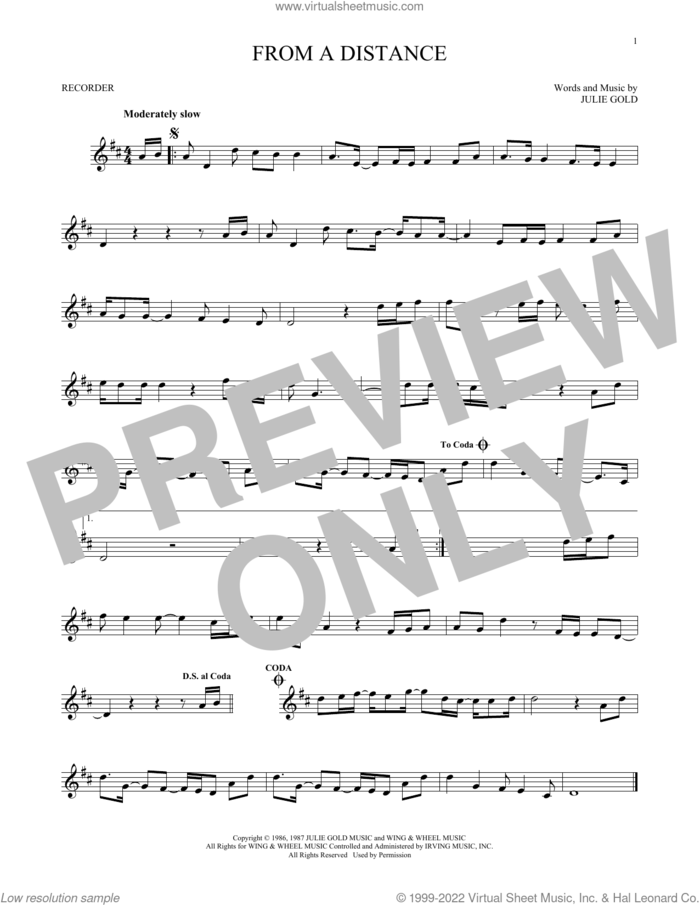 From A Distance sheet music for recorder solo by Bette Midler and Julie Gold, intermediate skill level
